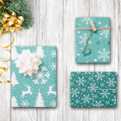 Reindeer Snowflakes kerstbomen Blauwgroen patroon Inpakpapier Vel