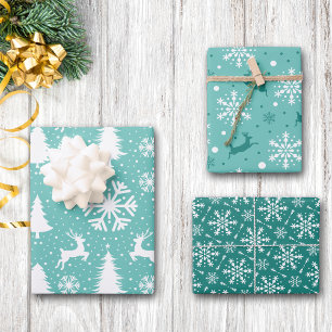 Reindeer Snowflakes kerstbomen Blauwgroen patroon Inpakpapier Vel