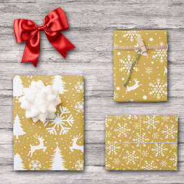 Reindeer Snowflakes kerstbomen Gold Pattern Inpakpapier Vel