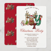 Reindeer, Snowman, Joy Kerstparty Kaart (Voorkant / Achterkant)