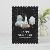 Reindeer Snowy Forest Black New Year Card Feestdagenkaart (Staand voorkant)