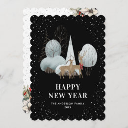 Reindeer Snowy Forest Black New Year Card Feestdagenkaart