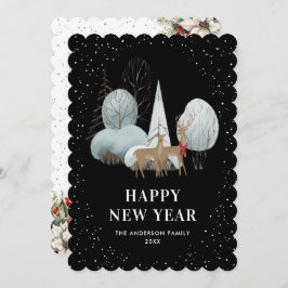 Reindeer Snowy Forest Black New Year Card Feestdagenkaart