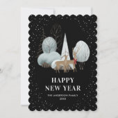 Reindeer Snowy Forest Black New Year Card Feestdagenkaart (Voorkant)