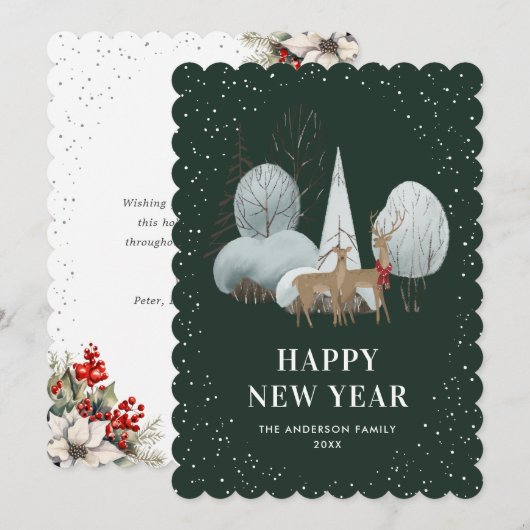 Reindeer Snowy Forest Green New Year Card Feestdagenkaart (Voorkant / Achterkant)