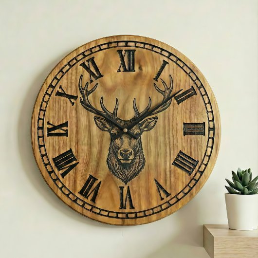 Reindeer Wall Clock - Wooden Style Design  Grote Klok