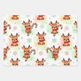 Reindeer Wrapping Paper Flat Sheet Set of 3