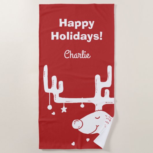 Reindeerillustratie, aangepaste naam en teksthandd strandlaken (Voorkant)