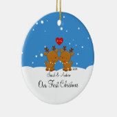 Reindeerpaar onze eerste kerstversiering keramisch ornament (Rechts)