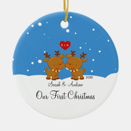 Reindeerpaar onze eerste kerstversiering keramisch ornament (Voorkant)