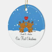 Reindeerpaar onze eerste kerstversiering keramisch ornament (Links)