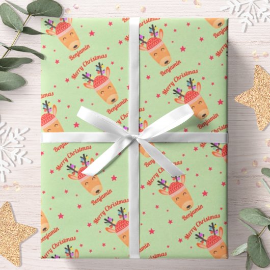 Reindekerst rode groene naam op maat cadeaupapier