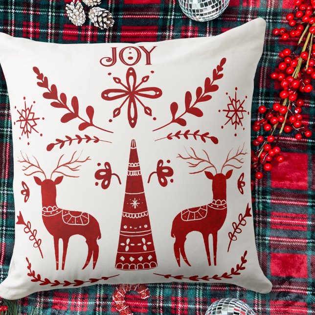 Reindekerst, rood en witte Noordse Waterverf Kussen (Reindeer Christmas Red and White Nordic Watercolor Throw Pillow)