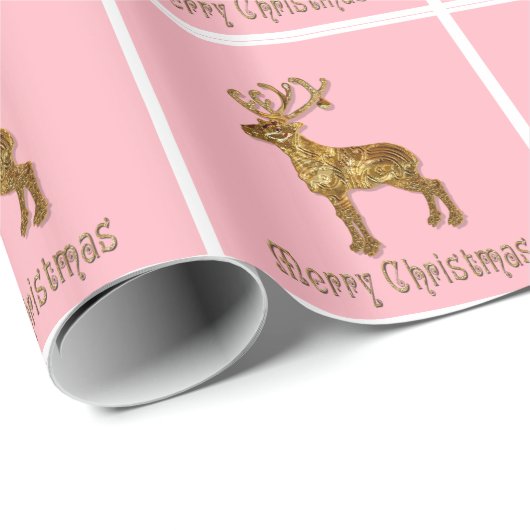 Reinderoze kerstglossy cadeaupapier (Rol Hoek)