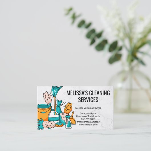 Reinigingsbenodigdheden en -gereedschap visitekaartje (Staand voorkant)