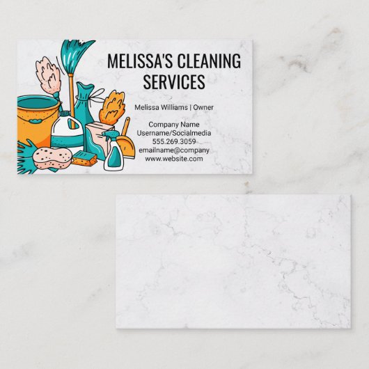 Reinigingsbenodigdheden en -gereedschap visitekaartje (Voorkant / Achterkant)