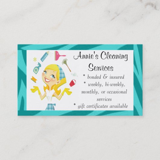Reinigingsdiensten maïde visitekaartje blauw (Voorkant)