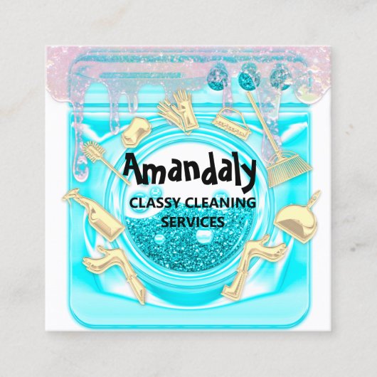 Reinigingshuis Kantoor Logo QR-code blauw Vierkante Visitekaartje (Voorkant)