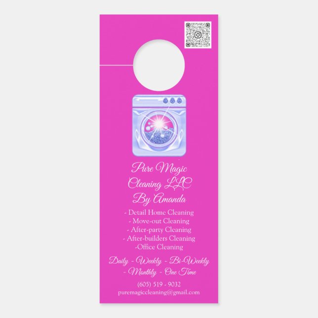 Reinigingsservice Laundy Wassen QRCode Roze Blauw Deurhanger (Voorkant)
