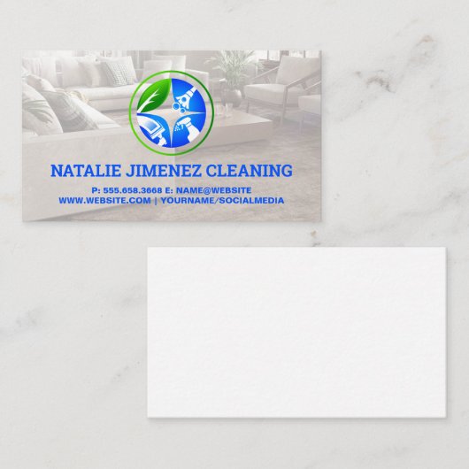 Reinigingsservice | Zuivere thuismoderne leefruimt Visitekaartje (Voorkant / Achterkant)
