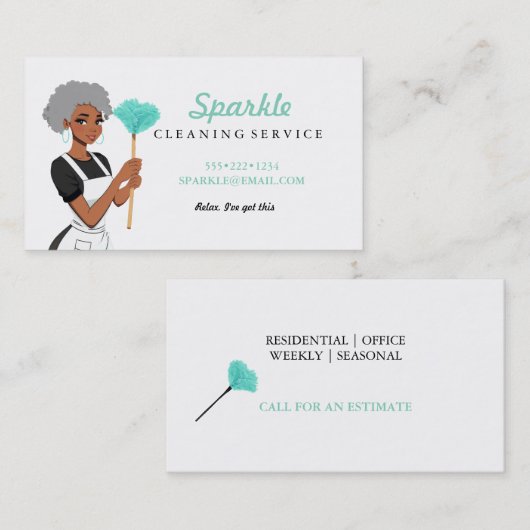 Reinigingsvaste servicekarakter voor doetherduster visitekaartje (Voorkant / Achterkant)