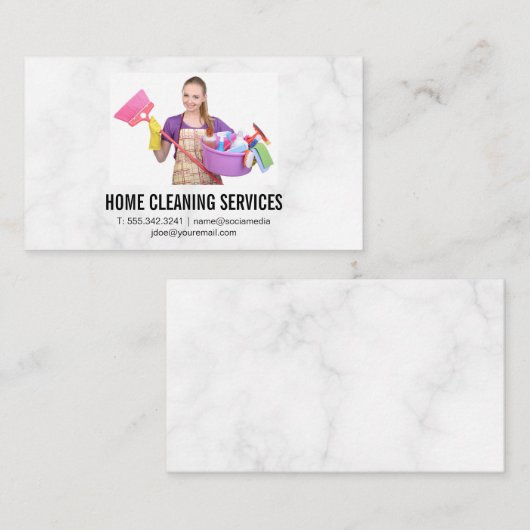 Reinigingswerker met schonere benodigdheden visitekaartje (Voorkant / Achterkant)