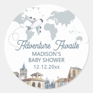 Reis Avontuur Wereldkaart Vliegtuig Baby Shower Ronde Sticker