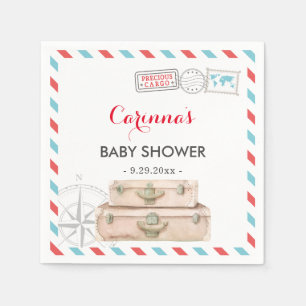 Reis baby shower tafel decor rood blauw papier servet