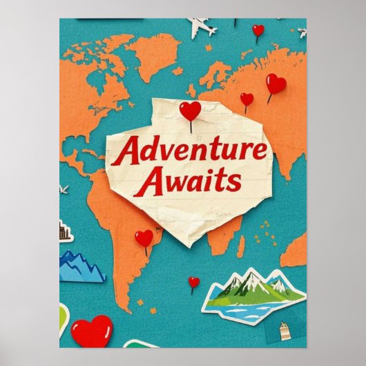 Reis de wereldkaart af met hartspeldjes poster (Voorkant)