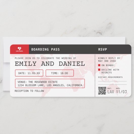Reis de World Destination Boarding Pass Bruiloft Kaart (Voorkant)