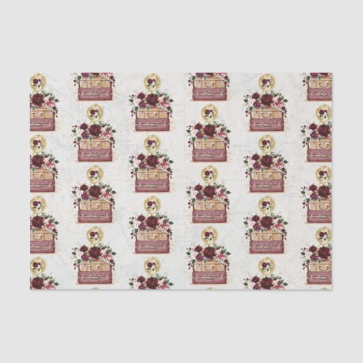 Reis Decoupage met Roze Bloemen in Bourgondië Kleu Tissuepapier (Voorkant)