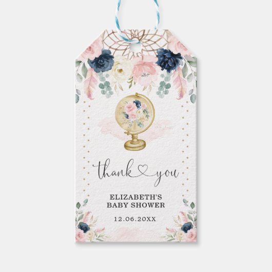 Reis Droomvanger Blush Navy Bloem Baby Shower Cadeaulabel (Voorkant)