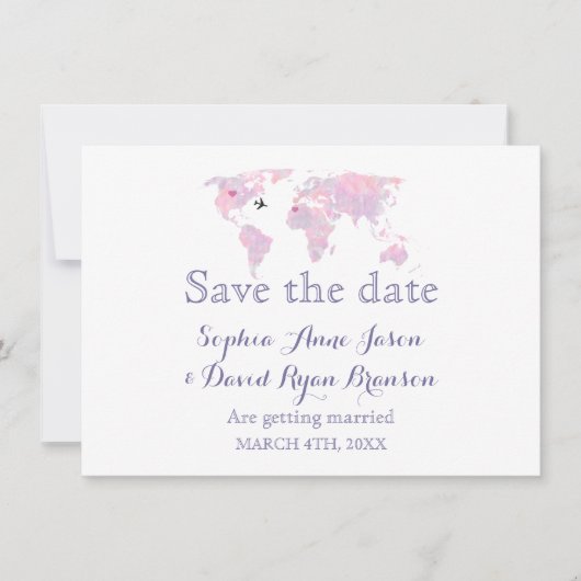 Reis Huwelijk Aquarel Wereldkaart Save the Date Kaart (Voorkant)