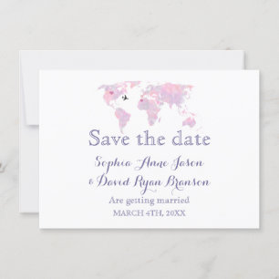 Reis Huwelijk Aquarel Wereldkaart Save the Date Kaart