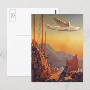 Reis in oude stijl, vliegtuig boven jonken in Hong Briefkaart
