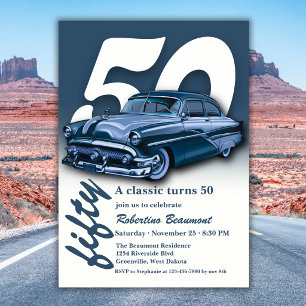 Reis Klassieke Blauwe Auto Wordt 50 Jaar Kaart