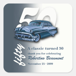Reis Klassieke Blauwe Auto Wordt 50 Jaar Vierkante Sticker