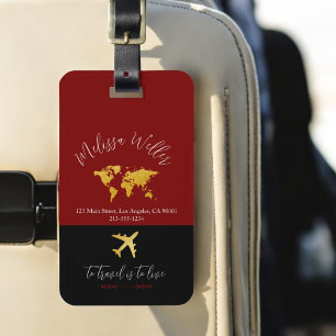 Reis Label met Gold Map en Vliegtuig donkerrood Bagagelabel