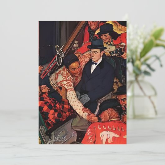 Reis met een skitrein - Norman Rockwell Feestdagenkaart (Staand voorkant)