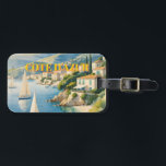 Reis naar Cote D'Azur in vintage stijl Frans  Bagagelabel<br><div class="desc">Franse en Europese reisaannonces - Strand,  dorp,  mensen,  bomen,  blauwe zee en lucht illustratie</div>