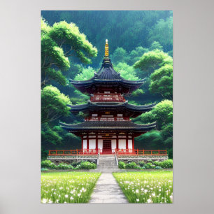 Reis naar de Wooden Japanse tempel Poster