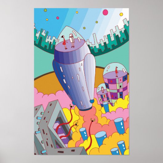 Reis naar een fantasiewereld met een raket. poster (Voorkant)