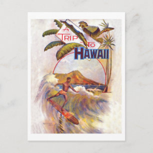 Reis naar Hawaï, surfen op een grote golf, vintage Briefkaart