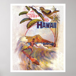 Reis naar Hawaï, surfen op een grote golf, vintage Poster