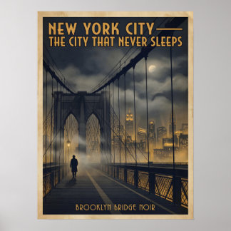 Reis naar New York City Brooklyn Bridge Noir Vinta Poster