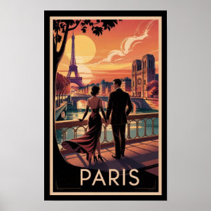 Reis naar Parijs Koppel en Eiffeltoren Vintage  Poster
