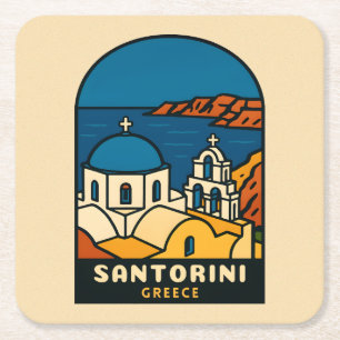 Reis naar Santorini Griekenland Retro Kust Kartonnen Onderzetters