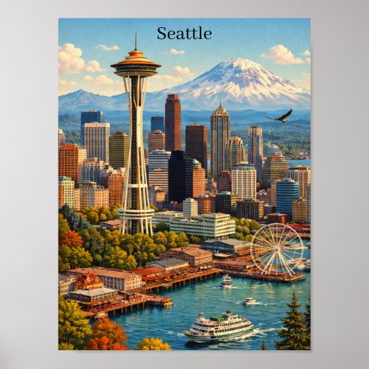 Reis naar Seattle, Washington, panorama uitzicht Poster (Voorkant)