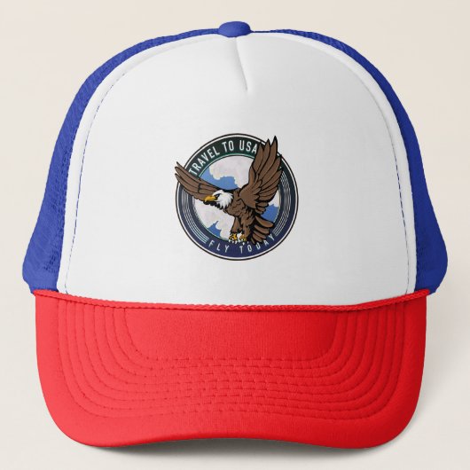 Reis naar Verenigde Staten Vlieg vandaag logo Trucker Pet (Voorkant)