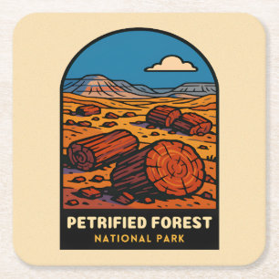 Reis naar versteend woud nationale park in vintage kartonnen onderzetters